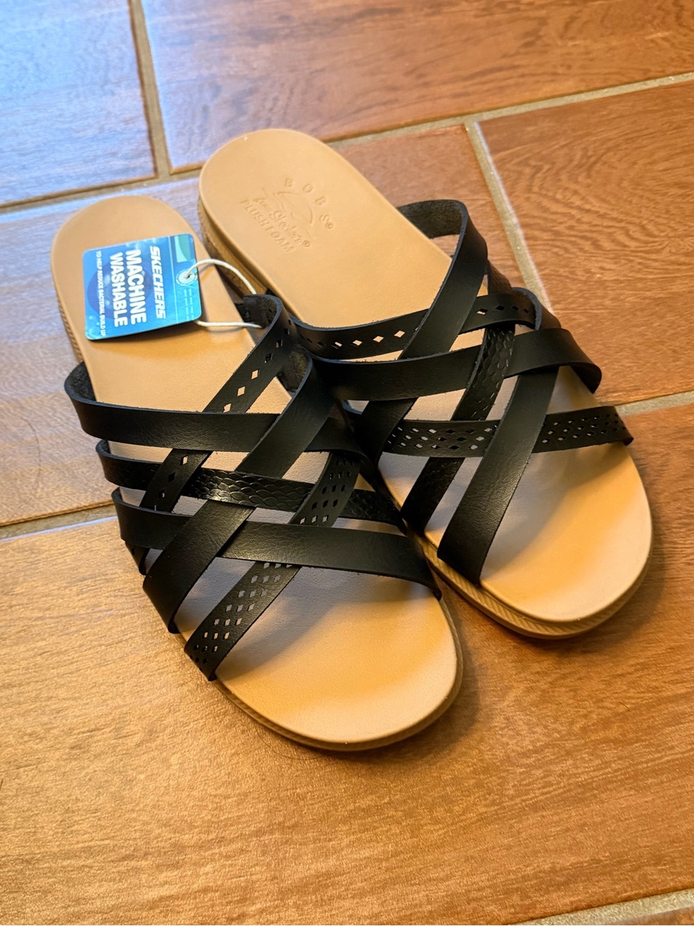 BOBS From Skechers Black Multi-Strap Slide Sandals with Tan Plush Foam Footbed